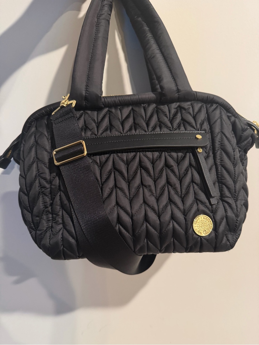 Quilted Black Nylon Baby Bag with Gold-Tone Accents